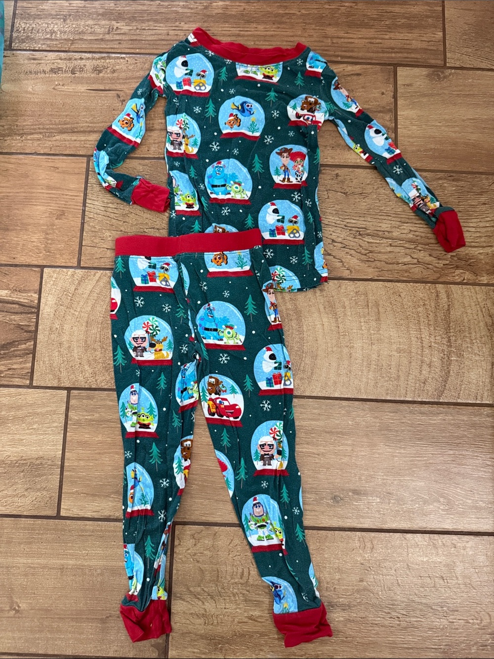 Little Sleepies Green Snow Globe Print Pajama Set with Red Trim